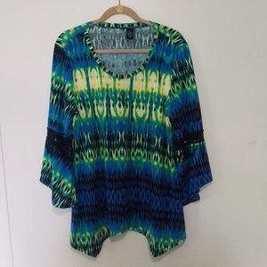 New Directions women's XL Boho Tunic/bell sleeves top colorful EUC